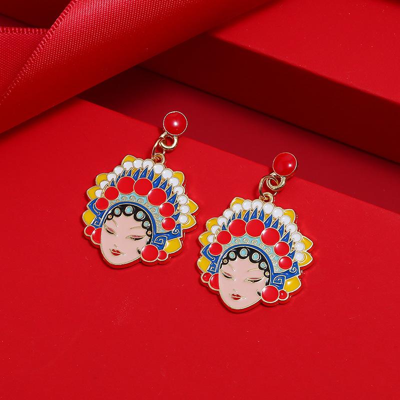 Chinese style knife and horse dan retro Peking Opera face mask earrings femininity long fringed stud earrings red trendy ear jewelry