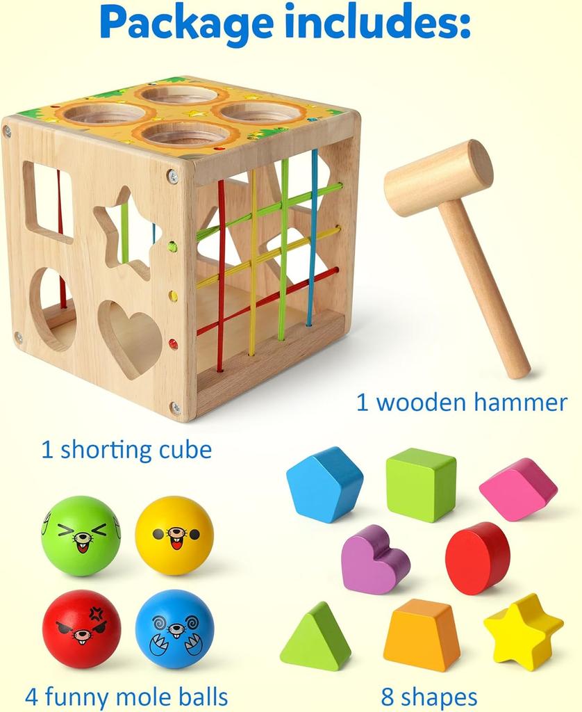 Coogam Wooden Montessori Children's Toy, Shapes Classification Cube Weight Blow Mole Fine Motorised Game for 1 2 3 18 Months Babies  Baby Gift