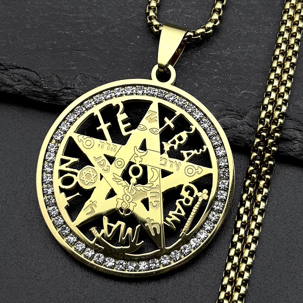 Tetragrammaton Jewish Hebrew Necklace for Women Men Stainless Steel Rhinestones Star Pentagram Talisman Chain Jewelry Gift