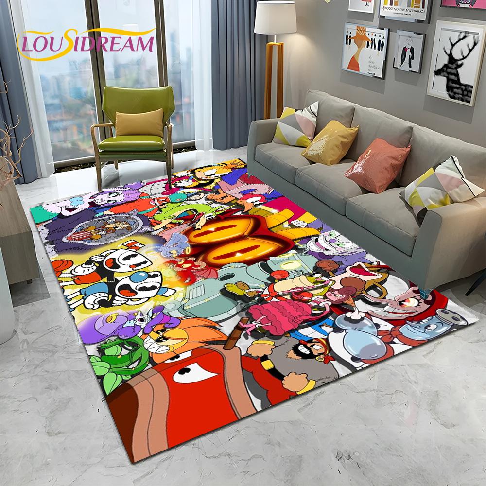 3D Cuphead Mugman Oyunu Gamer HD Halı Kilim Ev Oturma Odası Yatak Odası Kanepe Paspas Dekor, çocuk Oyun Alanı Kilim kaymaz Zemin Mat