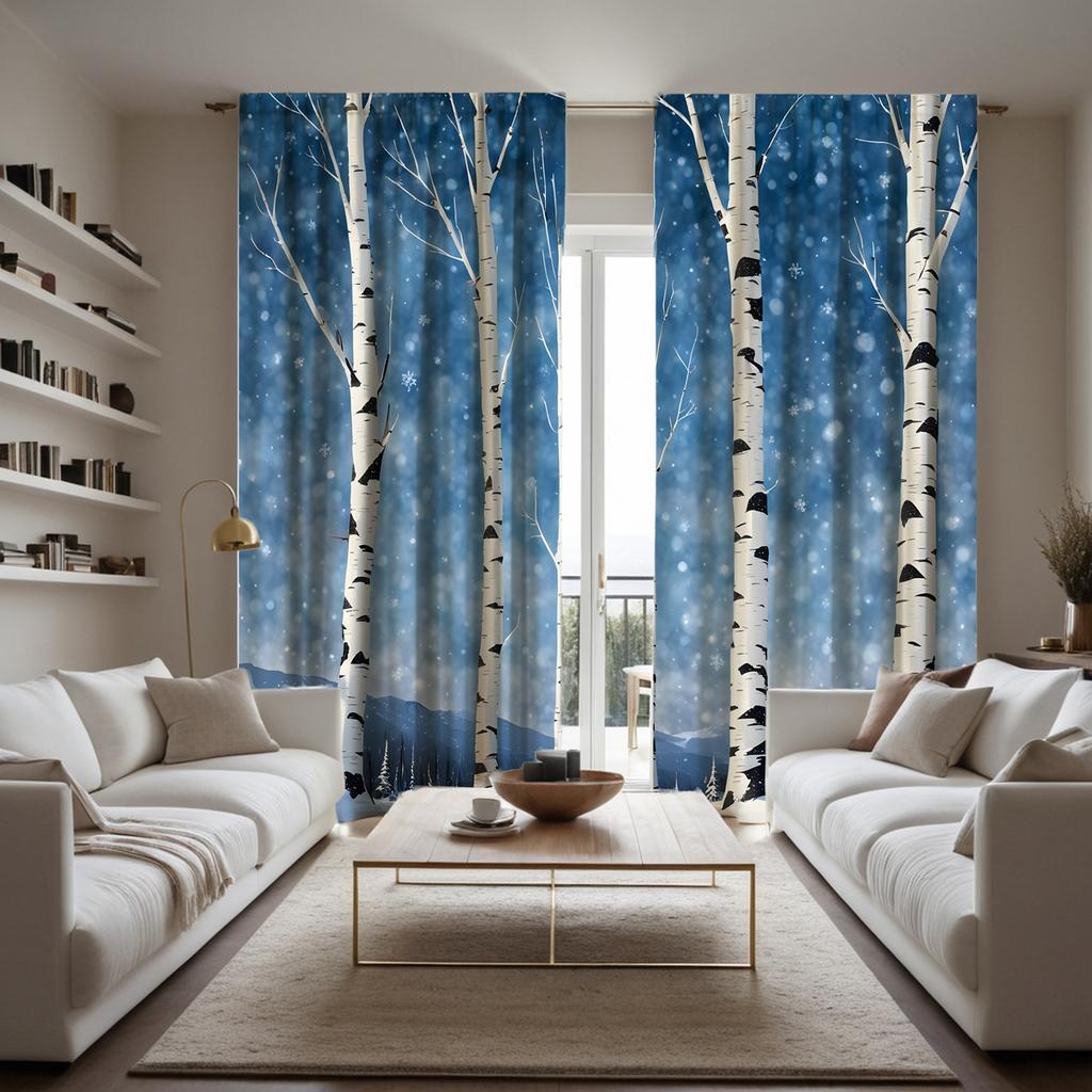 2pcs Set HD Large Natural Poplar Decorative Curtain Blue Tie Digital Printed Curtain Home Decoration Style Decoration Living
