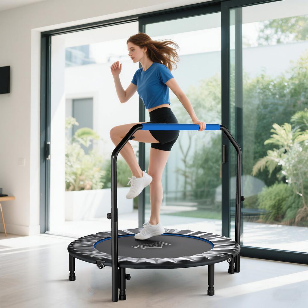 Fitness Trampoline, Dia 122 Cm, Folding, 4-Level Adjustable Handle, Black and Blue