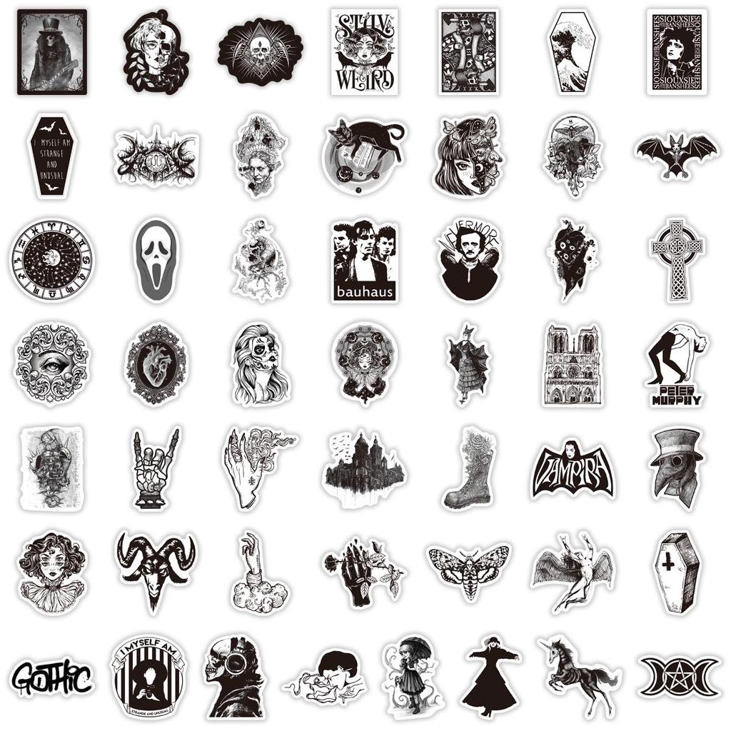 50 Black & White Gothic Graffiti Sticker Set - Decorative, Waterproof Decals for DIY Notebooks & Phone Cases
