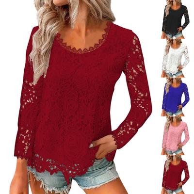 Quadratischer Ausschnitt Spitzen Langarm Top Damen Einfarbig Mode