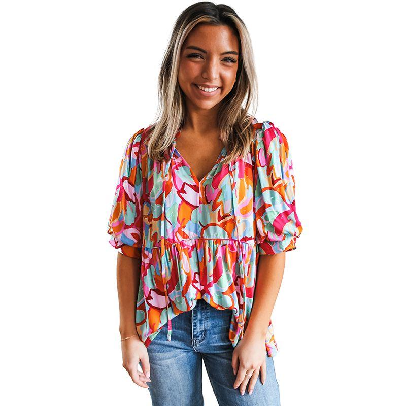 

Fashion Personalized Minority Color-Block V Neck Chiffon Shirt for Women 2025 Summer Thin Breathable and Loose Pullover Short Sleeve Tops Color S code fits (45.00 kg-55.00 kg