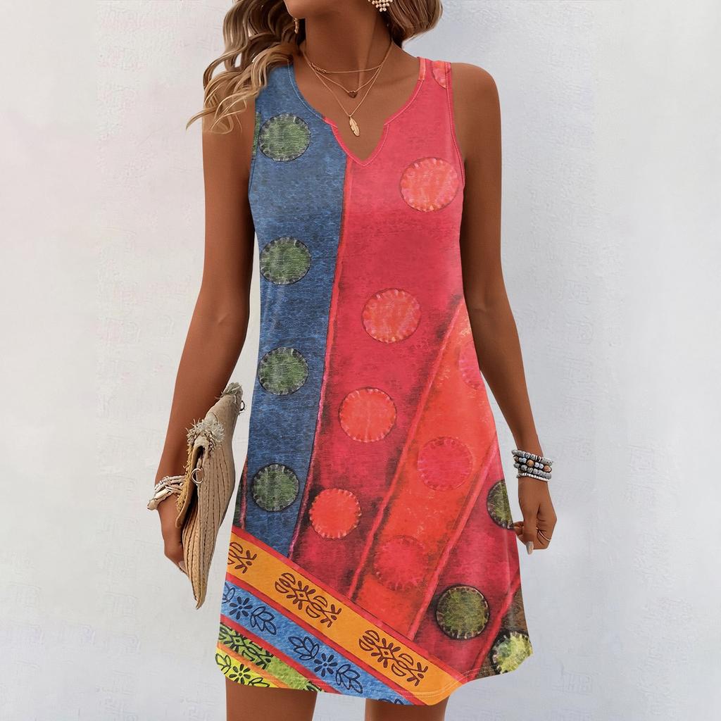Vestito estivo da donna con scollo a V, senza maniche, con stampa, casual