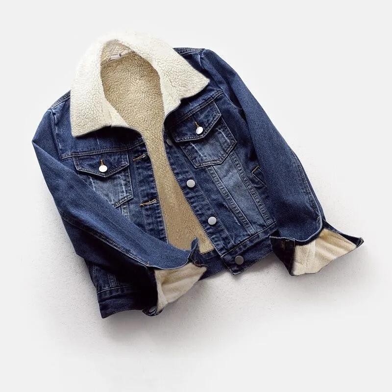 

Флісова тепла зимова джинсова куртка з кишенями і ґудзиками, м’який теплий верхній одяг, модні тонкі джинсові пальто для жінок M
