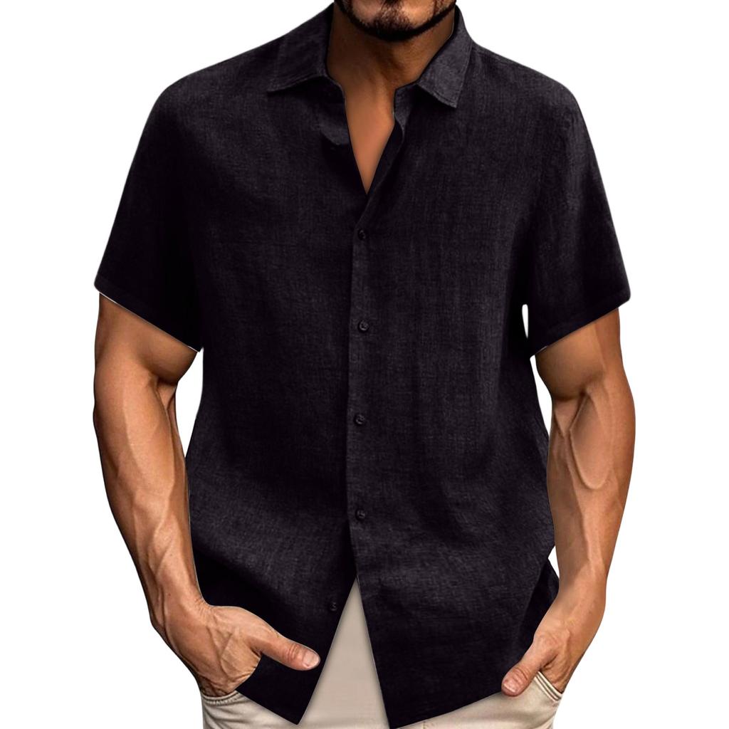 Spring Summer Men's Casual Cotton Linen Color Short Sleeve Shirts Loose Shirts