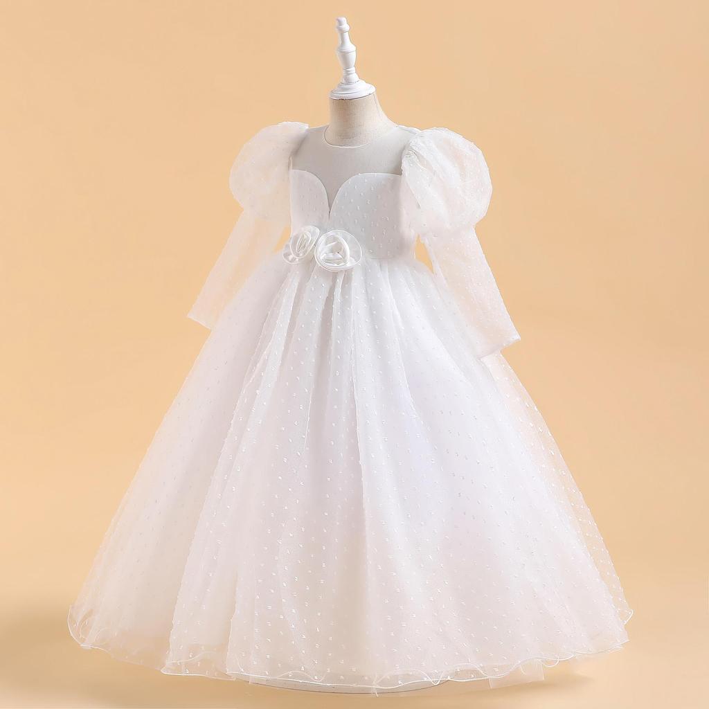 4-14 Years Girls Stereo Flower Gigot Sleeve Tie Back Mesh Party Sequins Bridesmaid Wedding Floral Plain Dress 2023