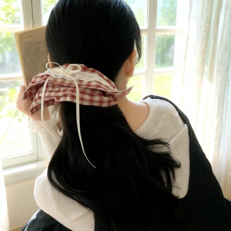 Lace Plaid Bow Scarf Hair Tie for Low Bun Ponytails