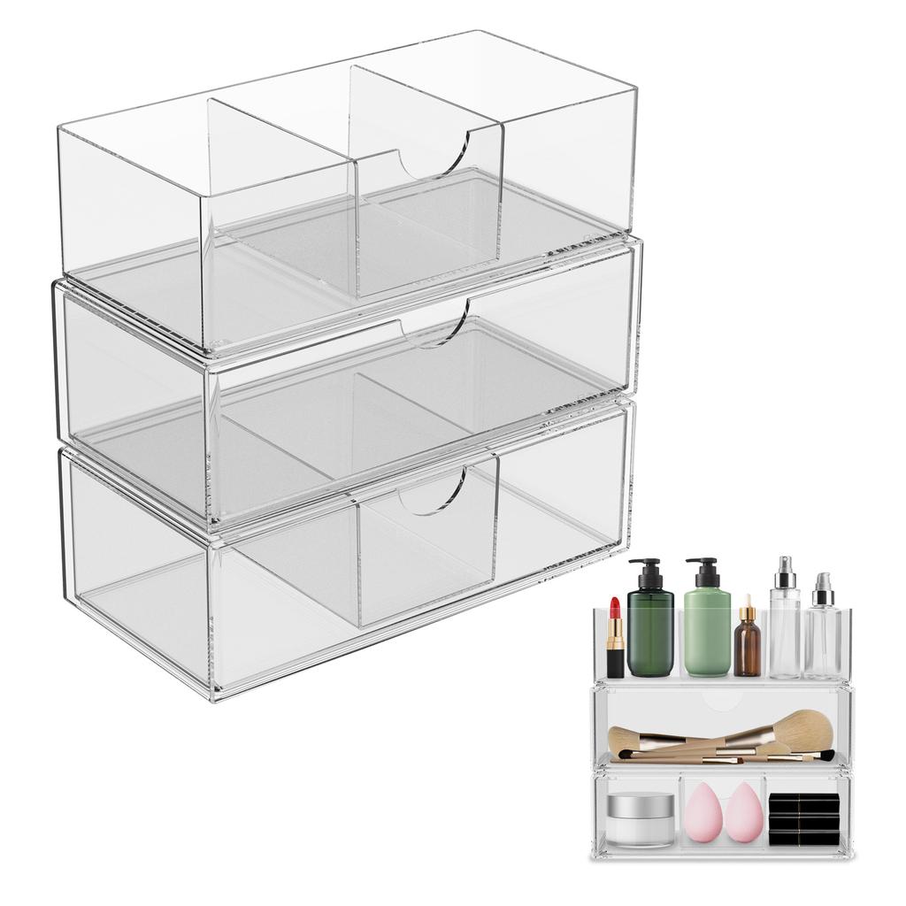 3pcs Transparent Desktop Organizer Box  Anti Slip Sturdy Medicine Cabinet Shelves Multipurpose Clear Makeup Organizer