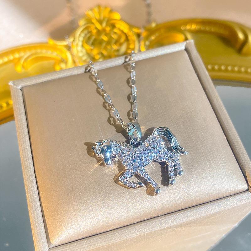 Women S Titanium Steel Horse Zodiac Full Zircon Clavicle Chain