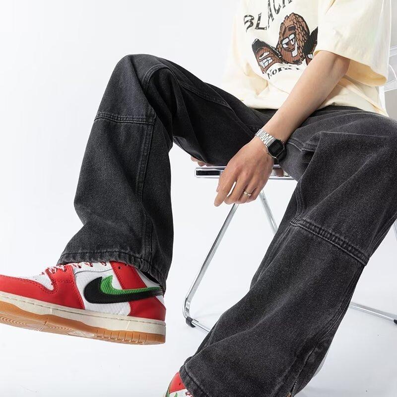 Micro-pull Jeans Men's New Washed Old American Retro Zipper Pants Trendy Brand Straight Floor-mopping Trousers