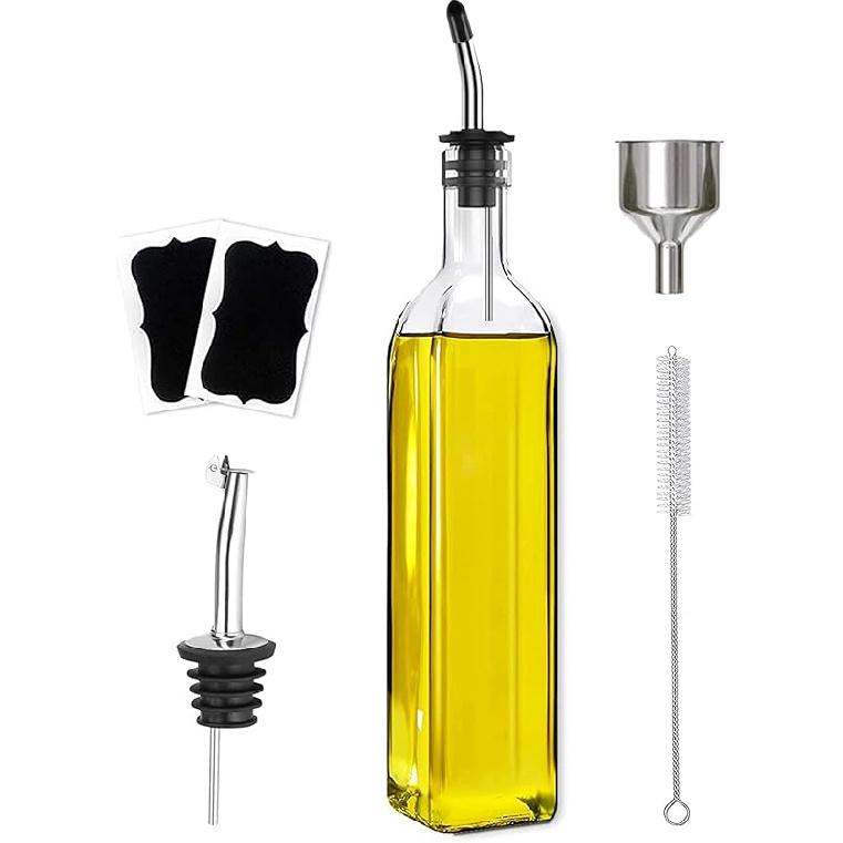 Olive Oil Dispenser Bottle, 2 Pcs Glass Olive Oil Dispenser and Vinegar Dispenser Set with 2 Stainless Steel Pourers, 4 Labels,1 Brush and 1 Funnel 1 Pcs Transparent