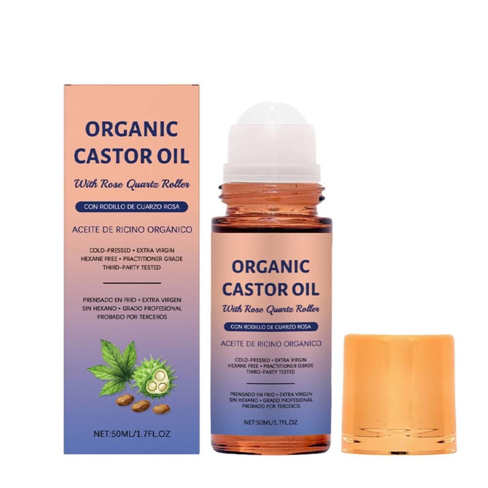 Organic Castor Oil Roll on with Rose Quartz Roller, 100% Organic Cold Pressed Castor Oil for Face and Body, Neck, Moisturize Skin 50ml