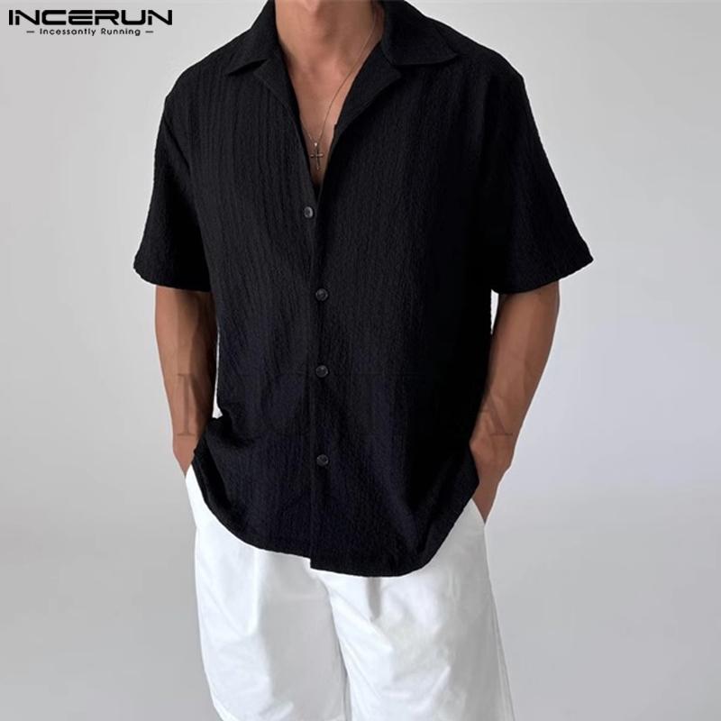 INCERUN Sommer Herren Revers V-Ausschnitt Kurzarm Knöpfe Lässige Lockere Hemden Oberteile