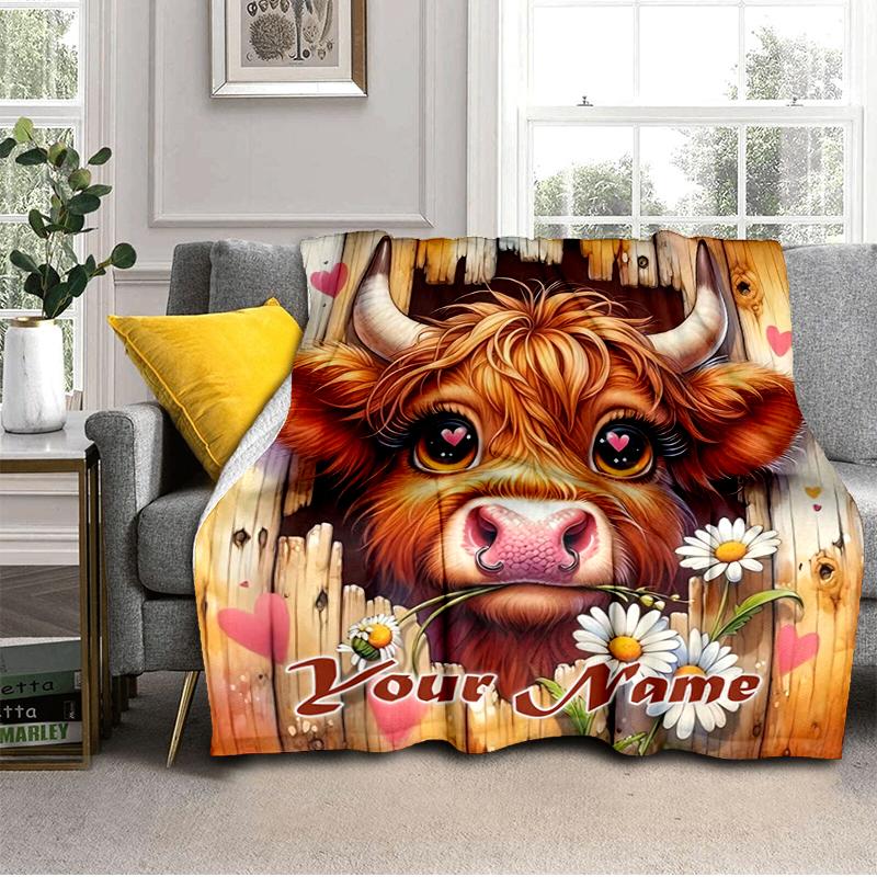 1PC Custom Name Cute Cow Flowers flannel blanket versatile, all-season throw suitable for the living room, bedroom, camping, travel, and gift