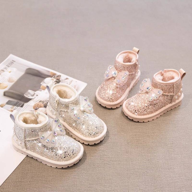 Girls Snow Boots Winter 2025 New Children's Cotton Boots Little Girl Fashion Sequined Short Boots Piled Thickened Cotton Shoes