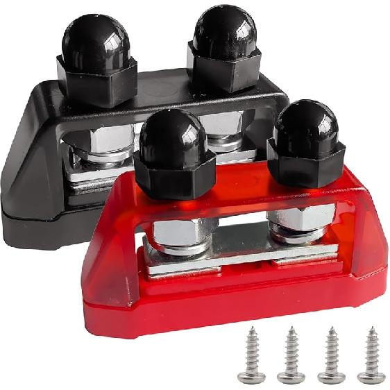 Ampper 3/8  Power Distribution Block Bus Bar 12V 250A, Dual Studs M10 Busbar Battery Junction Post Distribution Block for Car and More (W/Cover, Red 3/8