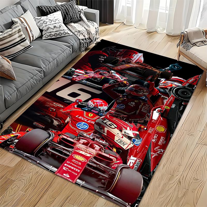 Sports Area Rug, Charles Leclerc Ferrari F1 16 Red Collage Cars Helmets Multiple Poses Print, Garage Decor, Non-Slip Mat