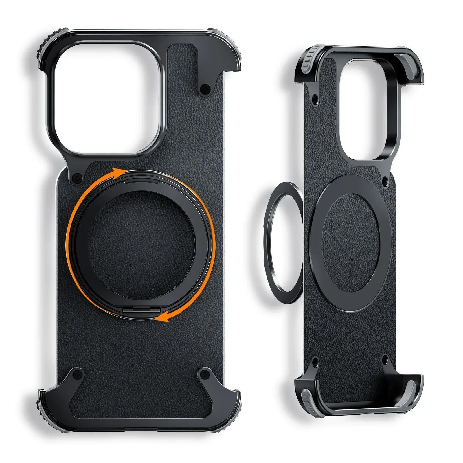 

Чехол Eary для iPhone 17 16 15 Pro Max с подставкой Magsafe, вращающейся на 360°, кожаный корпус, безрамочная противоударная крышка Genuine Leather&iPhone 15 Pro чёрный