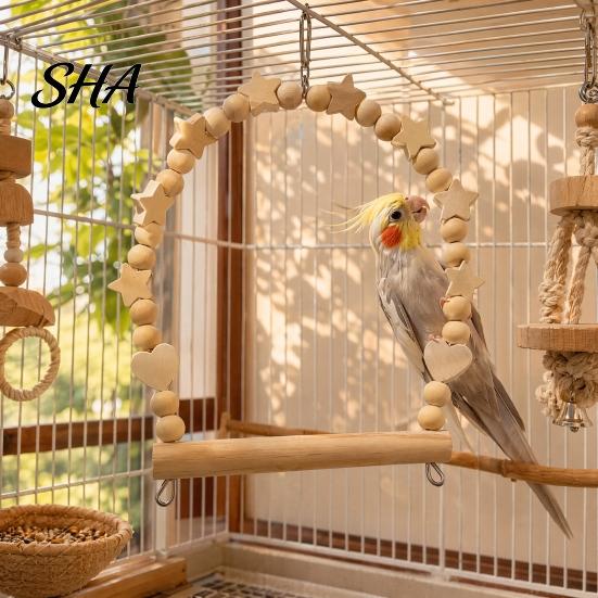 Non-slip Bird Perch Parrot Swing Perch, Solid Wood Pole, Wooden Blocks And Toy Natural Beads Arch, Unpainted for Small Medium Parrots Climbing