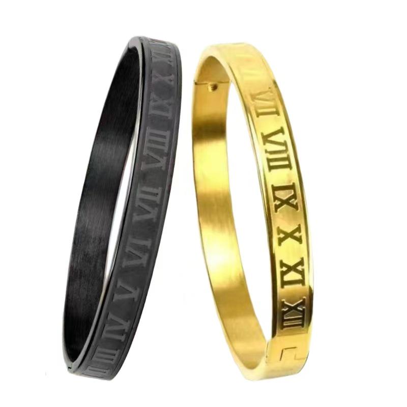Roman Numeral Men's Titanium Steel Bracelet – Non-fading, Open Clasp, European & American Style.