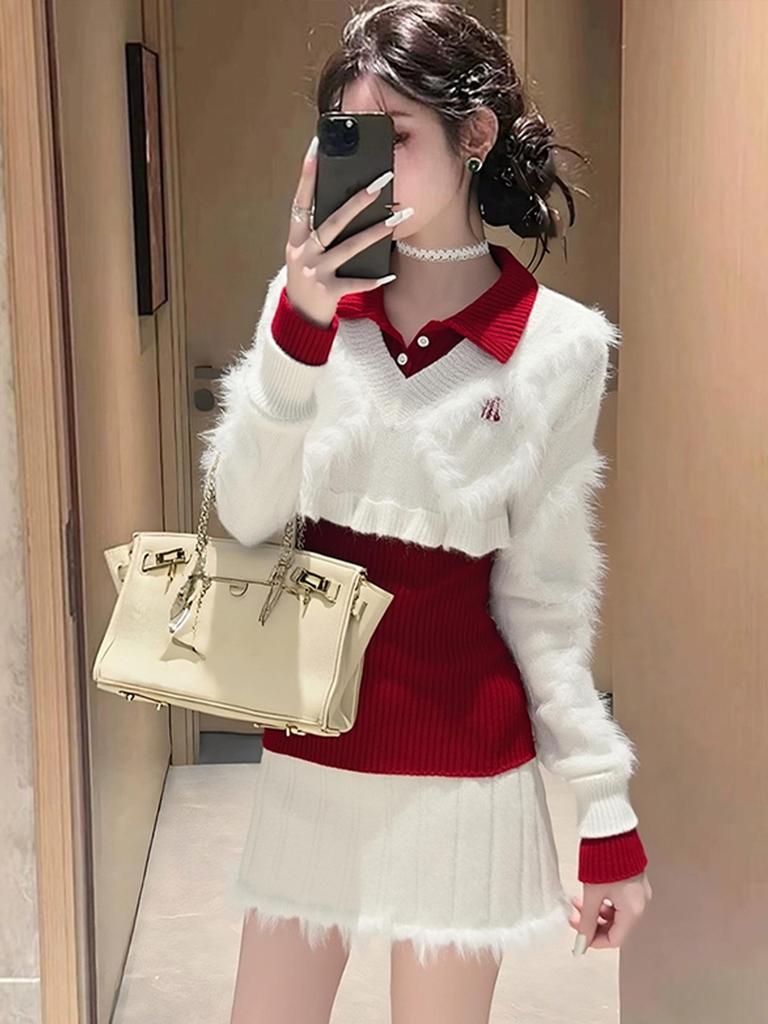 LZXL3173 Autumn/Winter Petite Knitwear Set: Cardigan & Skirt for Women