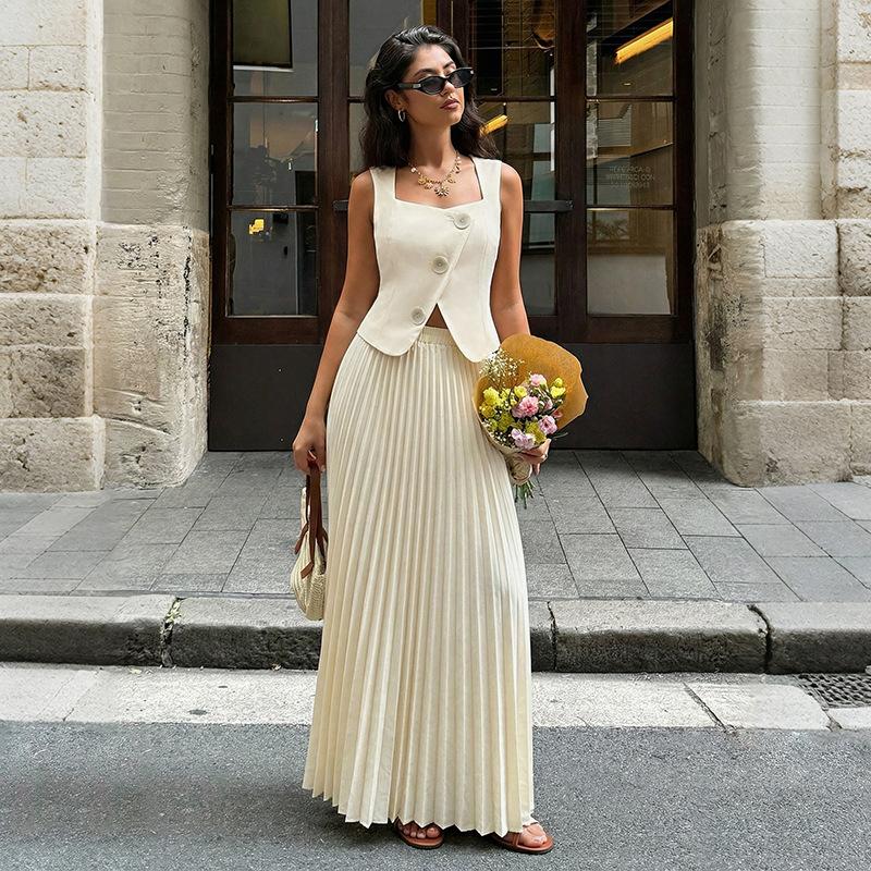 

Skirts Set 2 Piece Sets for Women Button Down Vest Tops with Pleated Maxi Skirts Elegant Dinner Outfits S