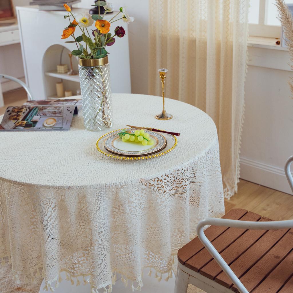 Vintage Häkeltischdecken mit Quasten, Beige Spitzendeckchen Rund Baumwolle Tischdecke Waschbar für Hochzeit Heim Party Dekoration