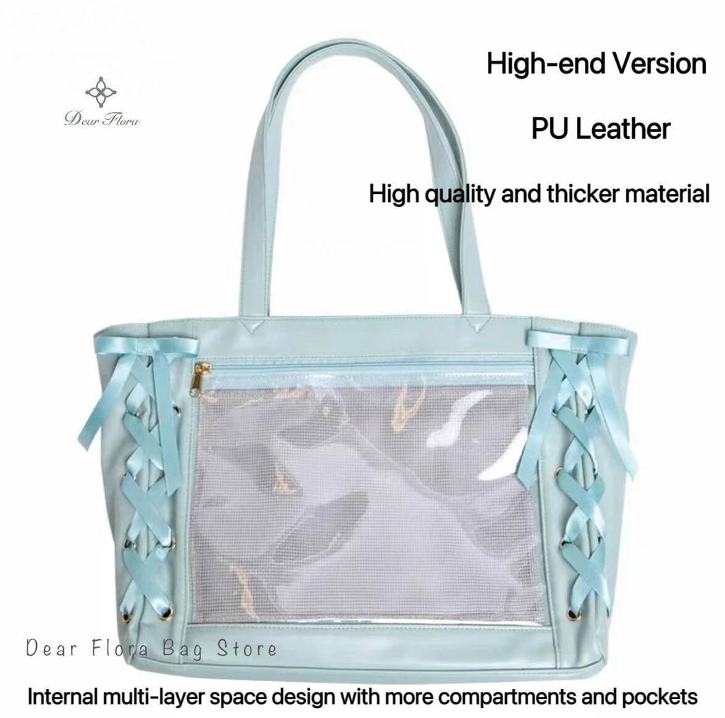 Japanese Sweet Women Ribbon Ita Bag Fashion Large Capacity Tote Bag Aesthetic Shoulder Bag Cute Lolita Girl Transparent Handbags