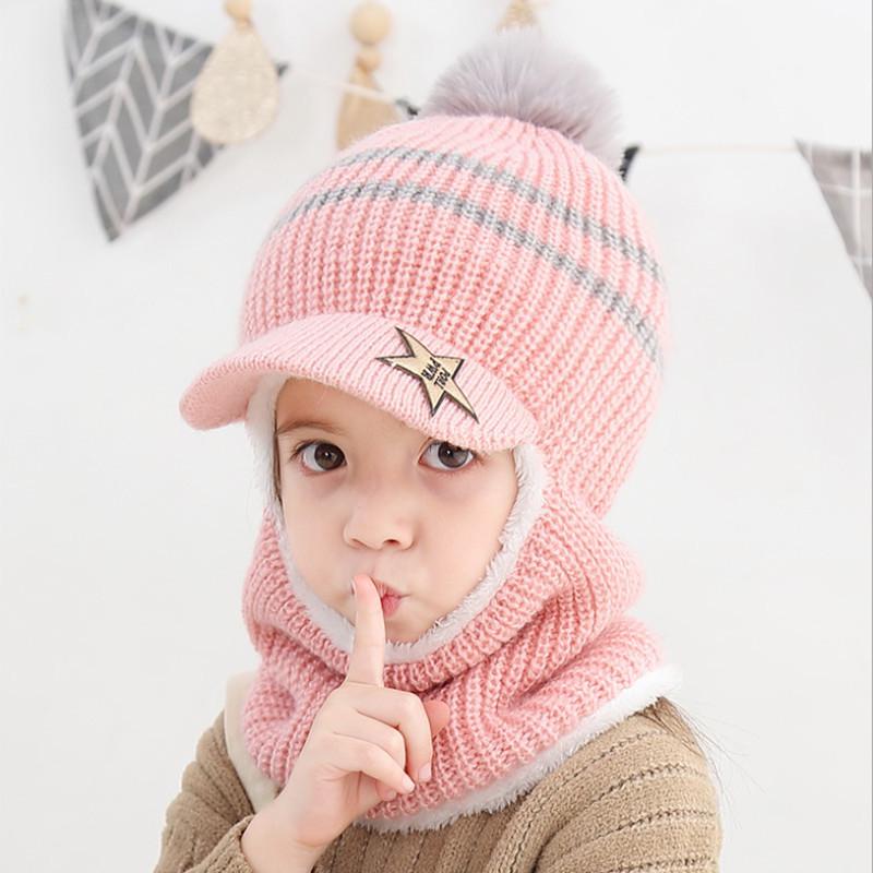 Kids' Winter Wool Hat with Velvet Lining & Duckbill Cap: Face Protection and Scarf Combo
