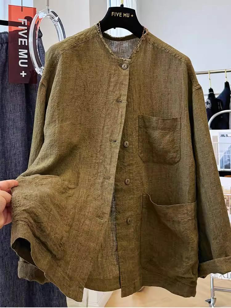 Unisex Plus Size Retro Linen Frayed Edge Shirt - Loose Casual Autumn Outerwear