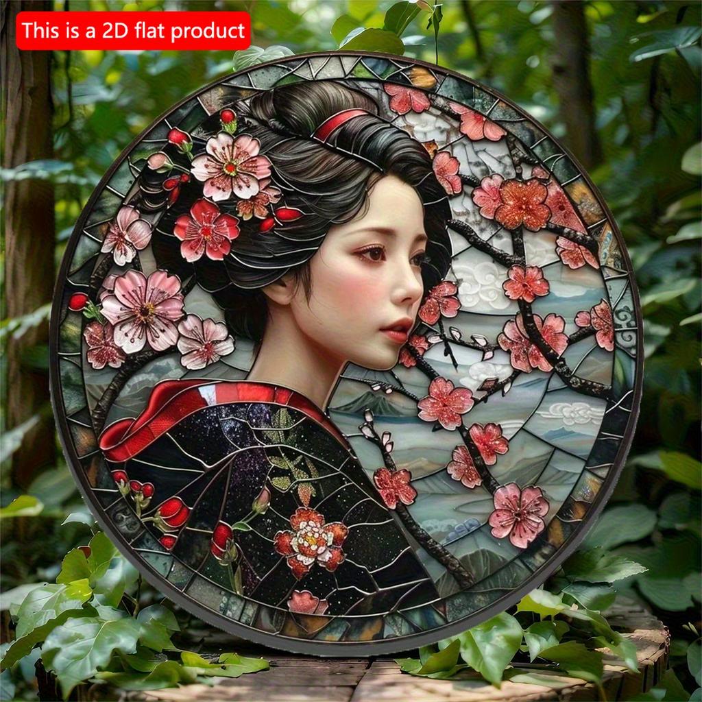 2d Flat 20*20cm, Round Wooden Sign, Wreath Decorative Sign, Bedroom Decoration Gifts, Japanese Kimono Theme, for Bar, Club, Home Wall Decor.