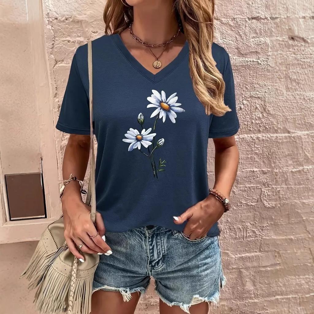 Minimalistiska blommiga 3D-tryckta t-shirts för kvinnor, high street, lösa, andningsbara, vardagliga t-shirts med V-hals och korta ärmar