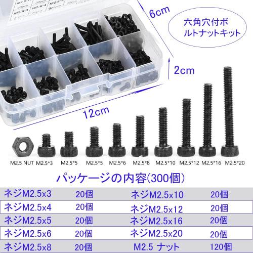 Hex Socket Head Bolt and Nut Kit, 300 Pieces M2.5 Machine Screws, Alloy Steel Round Head Screws, Flat Head Bolt and Nut Kit Repair Tool with Storage C