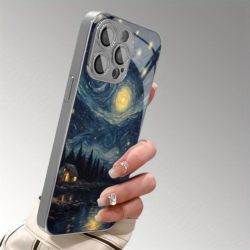Art Starry Sky Pattern Glass Electroplated Silver Phone Case For iPhone 17 16 Pro Max 15 14 Plus 13 12 11 Pro 16E 17 Air Cover