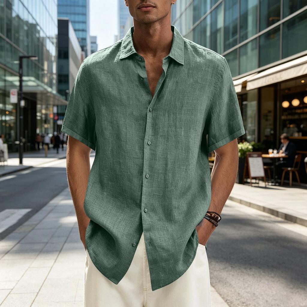 Men's Short Sleeve Button Down Shirt Lightweight Linen Blend Casual Loose Fit Summer Top with V Neck Collar