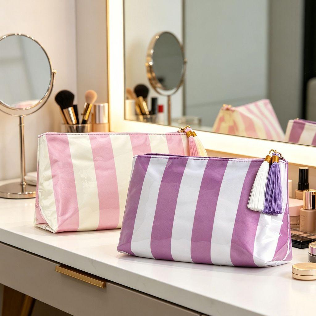 Portable Waterproof Cosmetic Organizer With Pvc And Striped Design For Daily Use