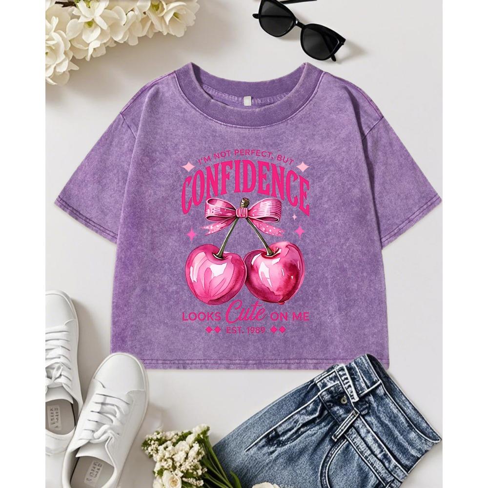 ICH BIN Nicht Perfekt Aber Selbstbewusstsein Rosa Schleife Kirschdruck Damen Gewaschene T-Shirts Baumwolle O-Ausschnitt Kurzarm Slim T-Shirt
