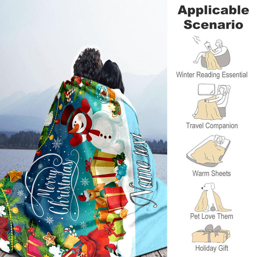Merry Christmas Snowman Customize Your Name Blanket Lightweight Personalized Blanket Soft Warm Cozy Great for Nap Bedding Seaside Chair All-Season Use