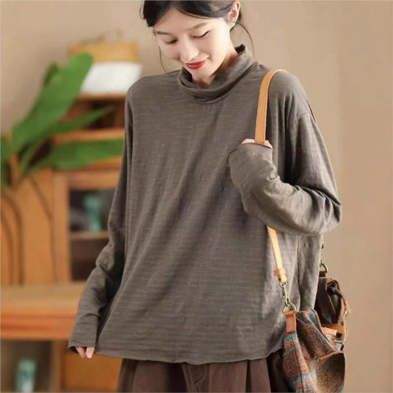 Johnature Mote Casual Vintage Stil Løs Stripe Rullekrave T-skjorte Dame Vinter Langermet Spleiset T-skjorte