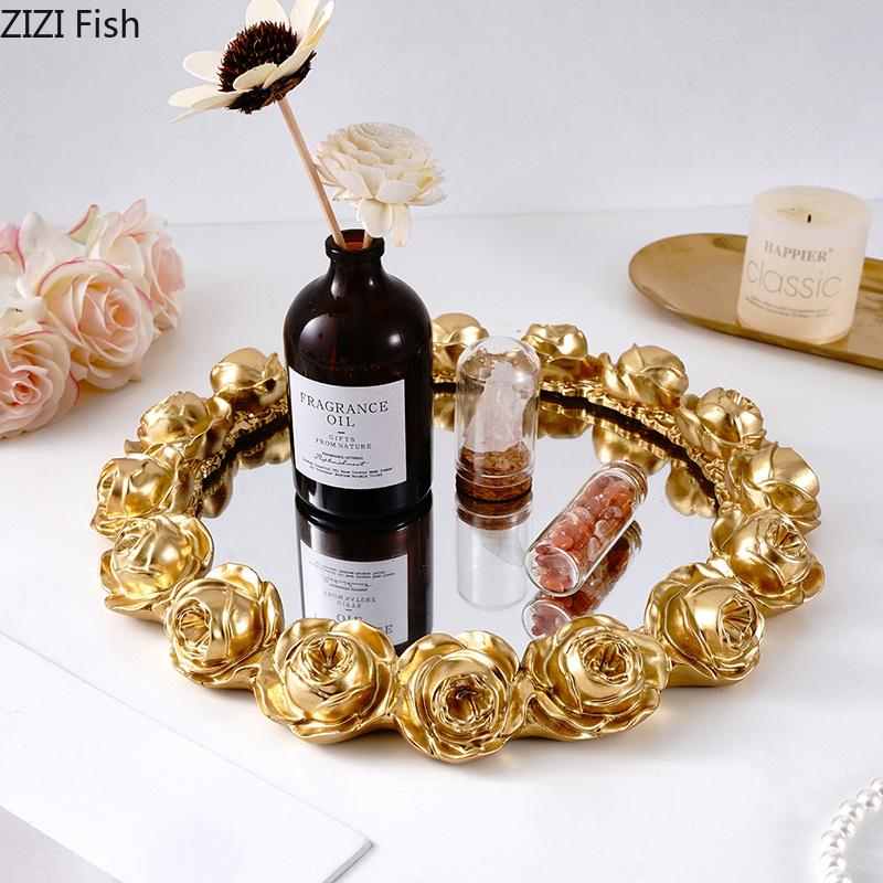 Rose Relief Decorative Trays Mirror Glass Storage Tray Gourmet Photo Shooting Props Living Room Decoration Handicraft Gifts
