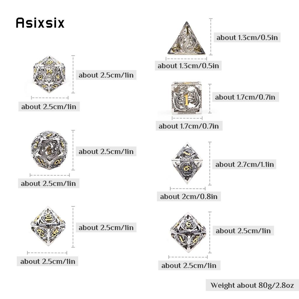 7 sztuk srebrnych złotych metalowych kostek smoka, pustych metalowych wielościennych kości, zestaw odpowiedni do gier RPG, gier karcianych, gier planszowych