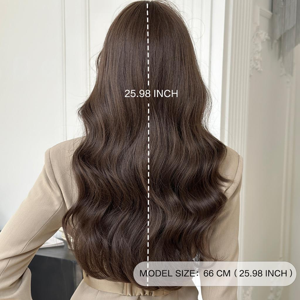 Middle East Cool Brown Big Waves Wig for Women - Air Bangs Long Curly Hair, Heat Style Trim Ready, European American Daily High Quality
