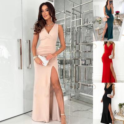 2023 Summer Bestseller Sleeveless V-Neck Solid Color Slit Dress