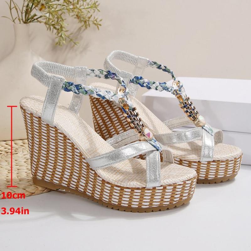 SyfIyno Summer Sandals Women's Fashion Open Toed Knitted Elastic Belt Slope Heel Thick Bottom High Heel Sandals Eleven Styles