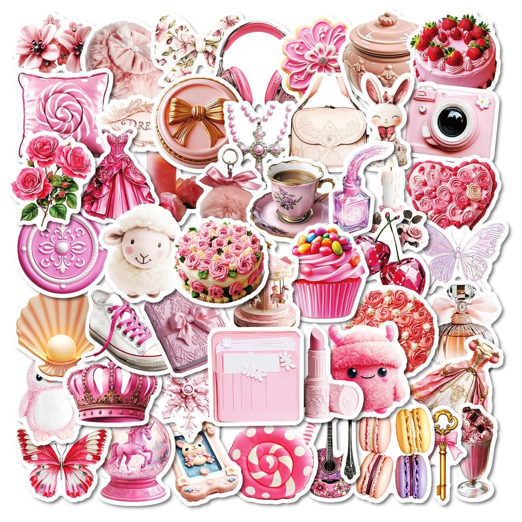 New 50 Girl Pink Graffiti Stickers Cute Pink Camera Mouth Flowers No Repeat Waterproof Decorative Stickers