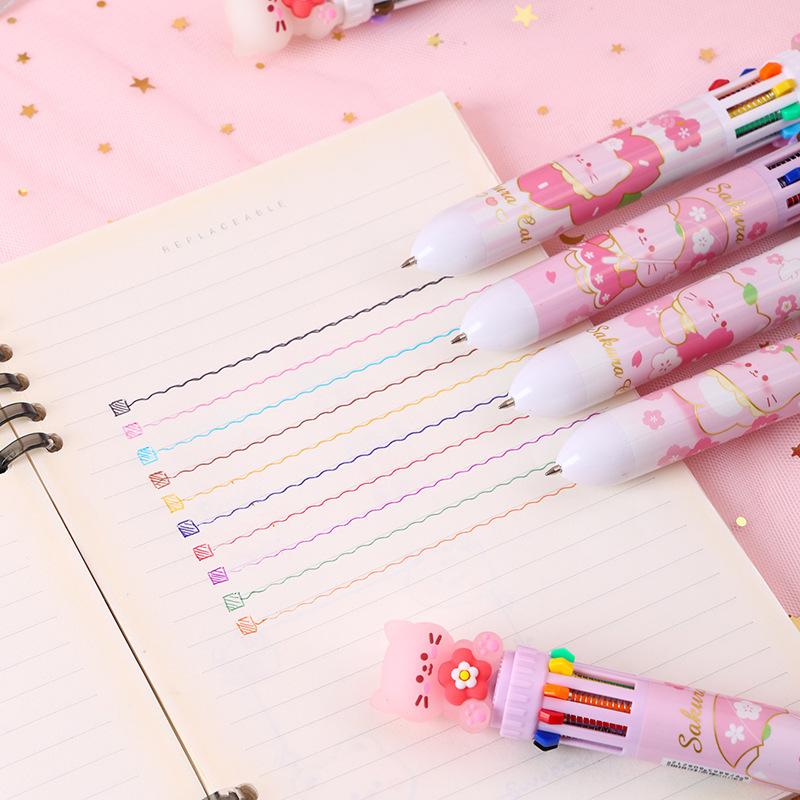 36Pcs Cherry Blossom Cat 10 in 1 Multicolor Ballpoint Pen, 0.5mm Colorful Ink Retractable Pen for Party Favors Office Gift Carnival Reward Supplies