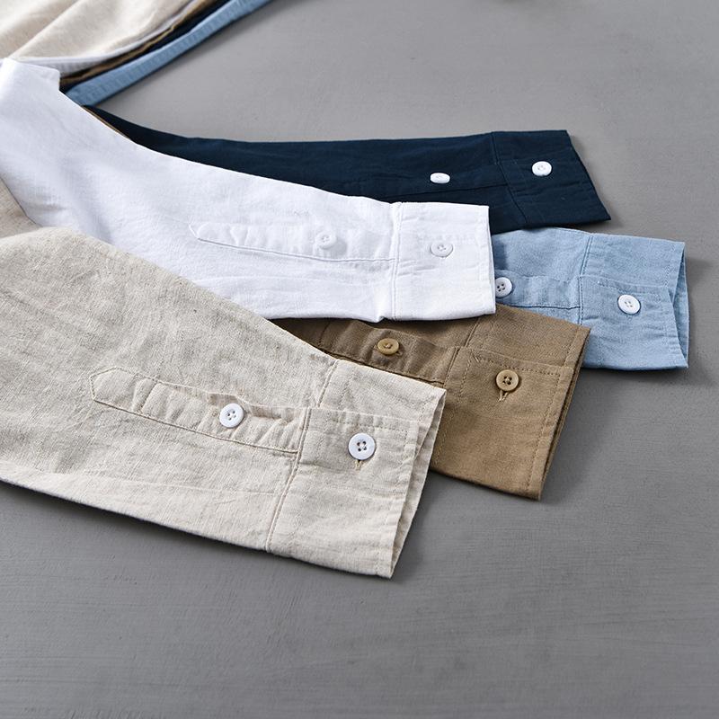 Cotton Linen Shirt Mandarin Collar Long Sleeve Casual Loose Fit Button-Up Shirt Men's Retro Camping Fishing